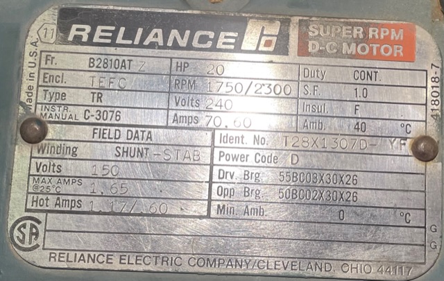 Reliance 20 HP 1750/2300 RPM B2810ATZ DC Motors 89460