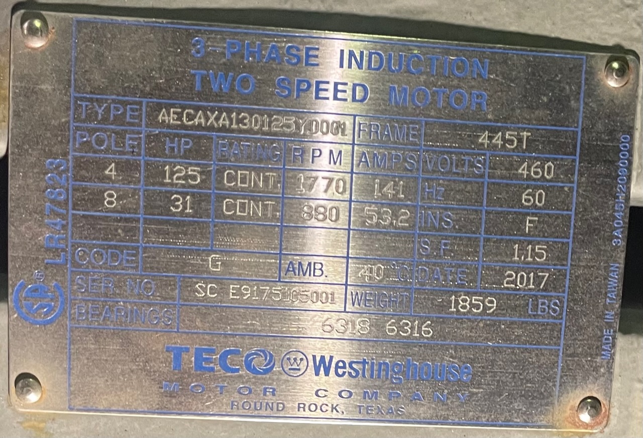 Teco Westinghouse 125 HP 1770 RPM 445T Multi Speed Motors 89461