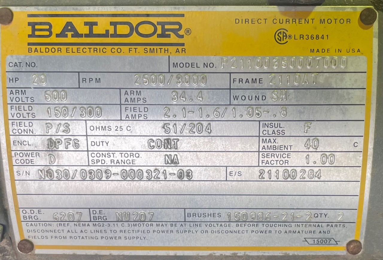 Baldor 20 HP 2500/3000 RPM 2110AT DC Motors 89495
