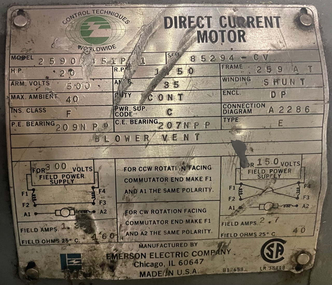 Emerson 20 HP 1750 RPM 259AT DC Motors 89501