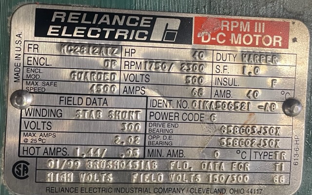 Reliance 40 HP 1750/2300 RPM MC2812ATZ DC Motors 89518