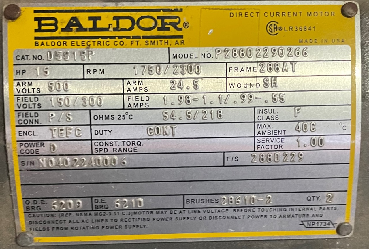 Baldor 15 HP 1750/2300 RPM 288AT DC Motors 89530