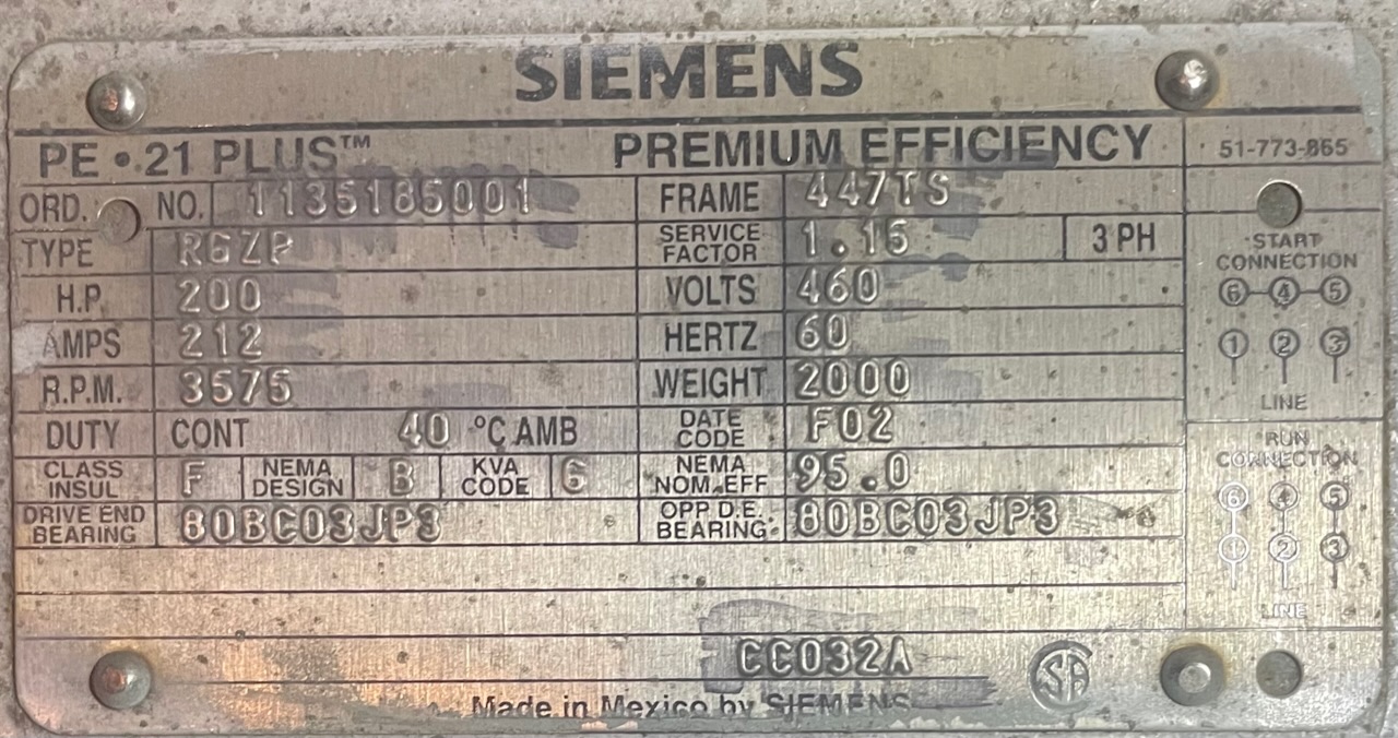 Siemens 200 HP 3600 RPM 447TS Squirrel Cage Motors 89565
