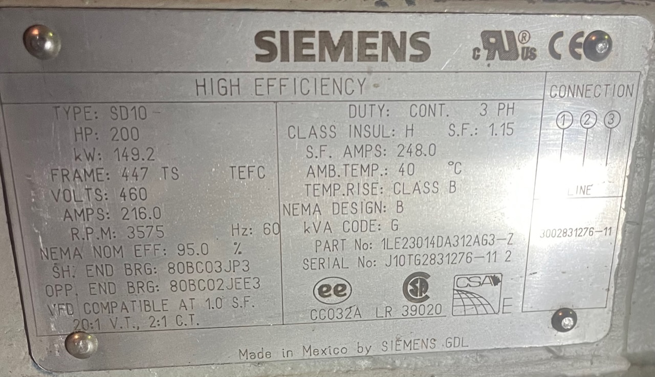 Siemens 200 HP 3600 RPM 447TS Squirrel Cage Motors 89566