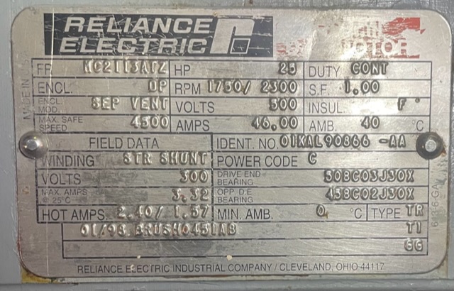 Reliance 25 HP 1750/2300 RPM MC2113ATZ DC Motors 89571