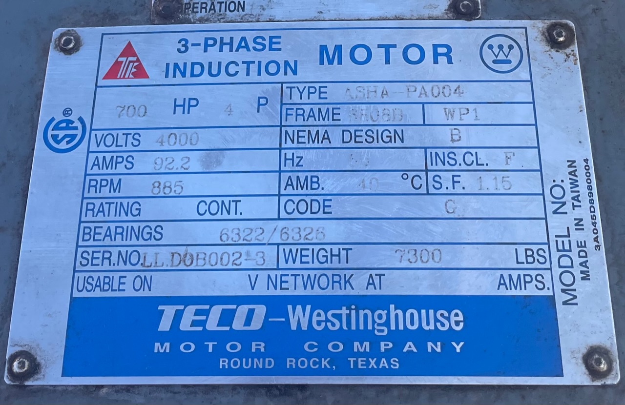 Teco Westinghouse 700 HP 900 RPM 6808B Squirrel Cage Motors 89613