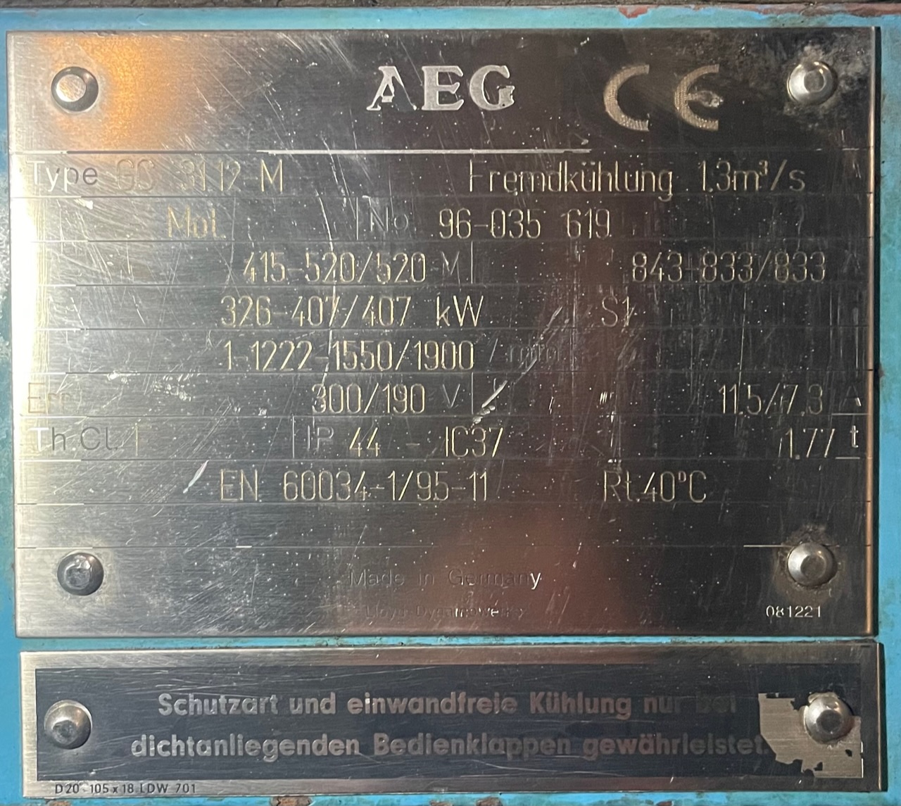 AEG 500 HP 1550/1900 RPM 315 DC Motors 89660