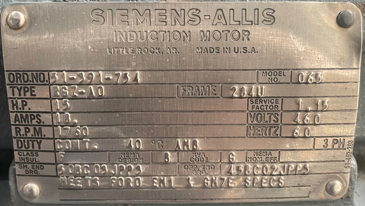 Siemens-Allis 15 HP 1800 RPM 284U Squirrel Cage Motors 89664