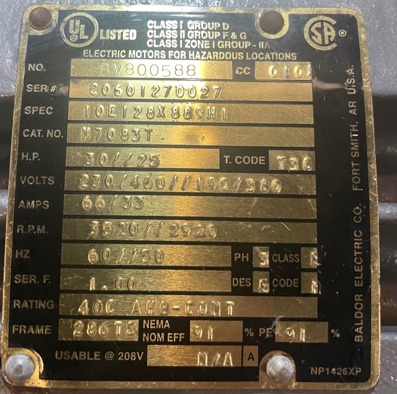 Baldor 30 HP 3600 RPM 286TS Squirrel Cage Motors 89668