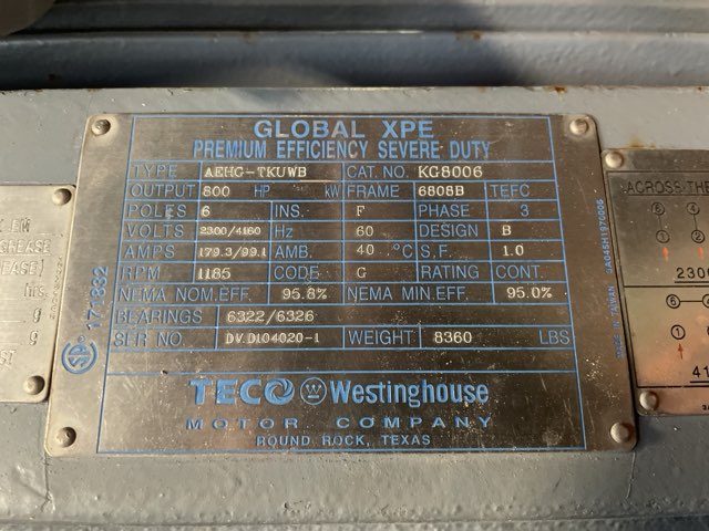 Teco Westinghouse 800 HP 1200 RPM 6808B Squirrel Cage Motors 89701
