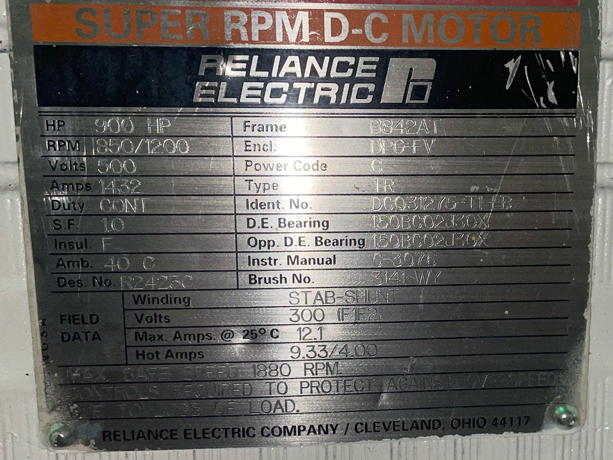 Reliance 900 HP 850/1200 RPM B842AT DC Motors 89708