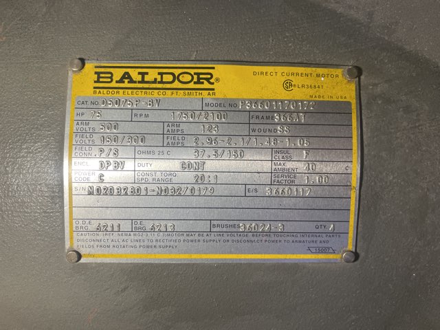 Baldor 75 HP 1750/2100 RPM 366AT DC Motors 89714