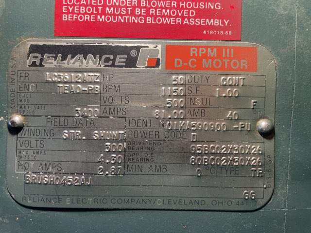 Reliance 50 HP 1150 RPM LC3612ATZ DC Motors 89860