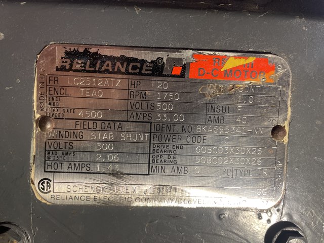 Reliance 20 HP 1750 RPM LC2512ATZ DC Motors 89862