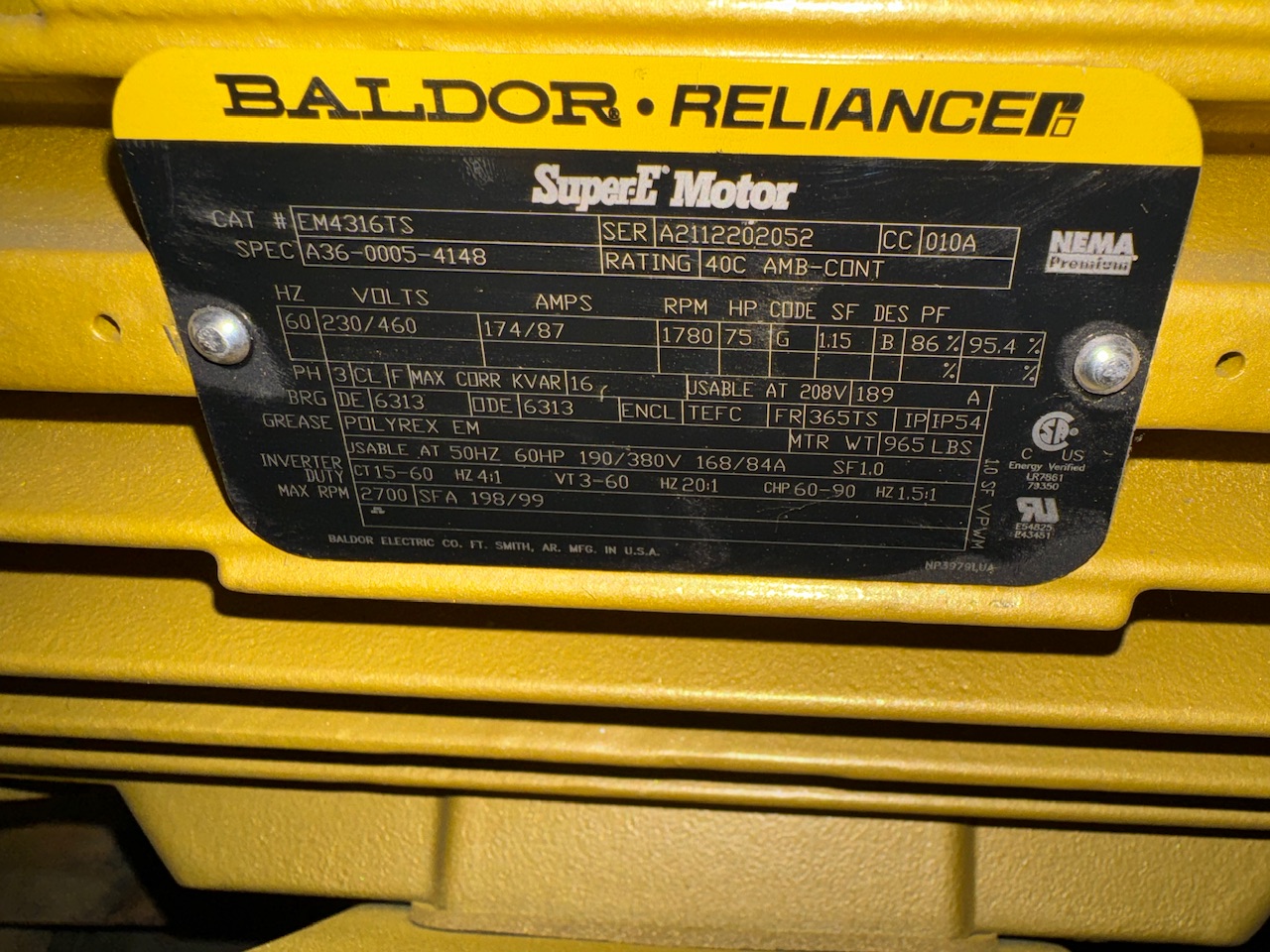 Baldor-Reliance 75 HP 1800 RPM 365TS Squirrel Cage Motors 89932