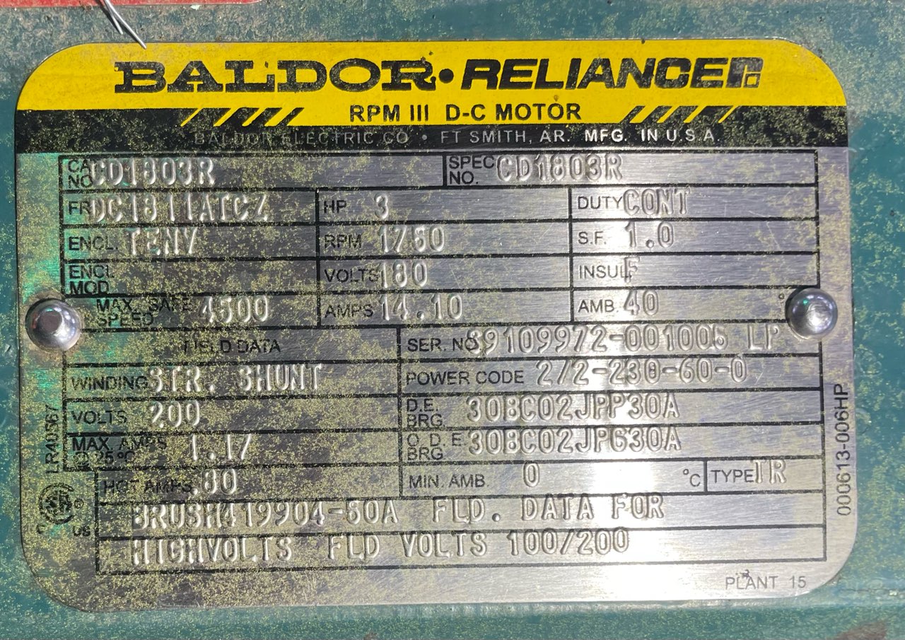 Baldor-Reliance 3 HP 1750 RPM DC1811ATCZ DC Motors 89943