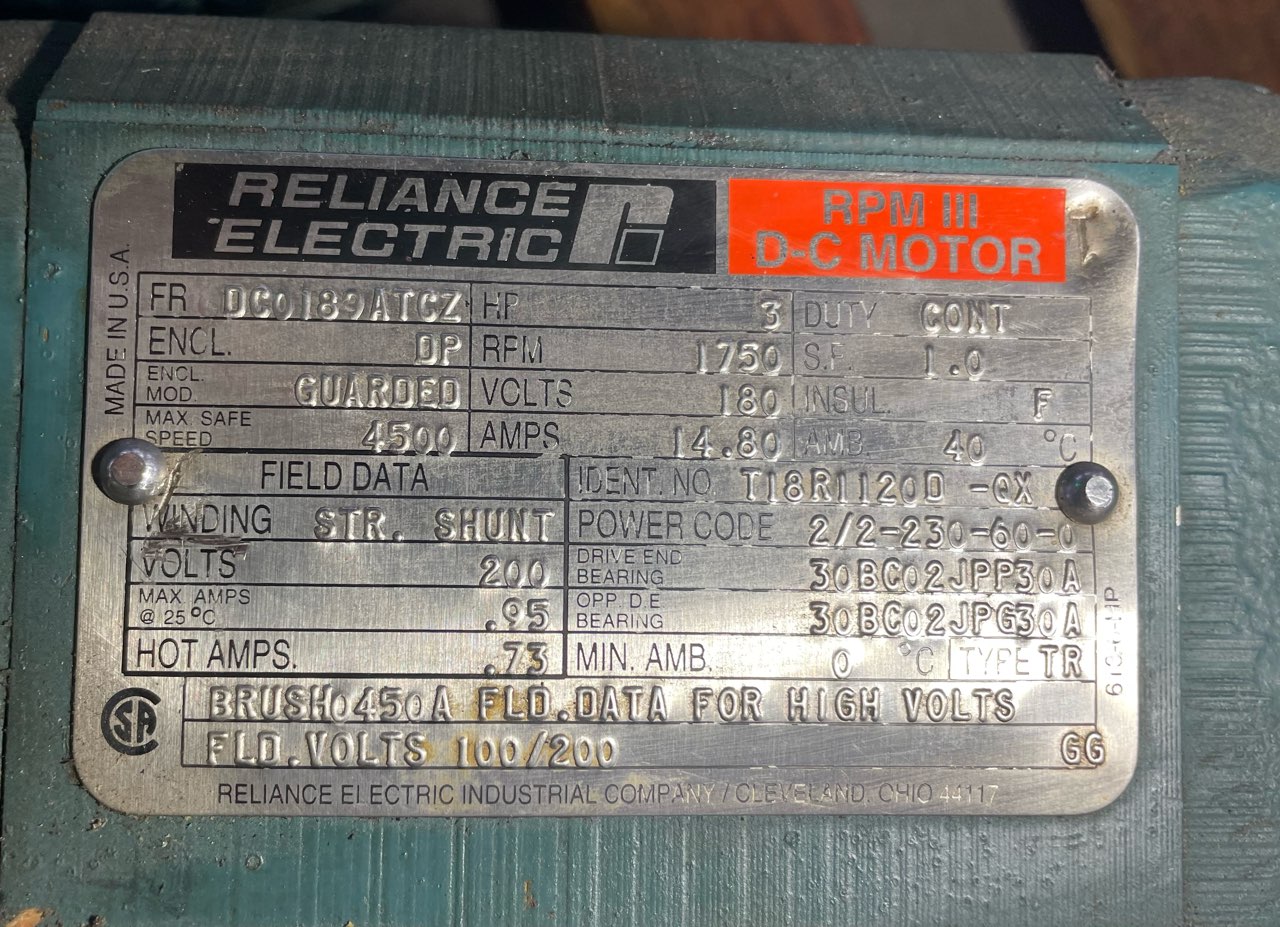 Reliance 3 HP 1750 RPM DC0189ATCZ DC Motors 89944
