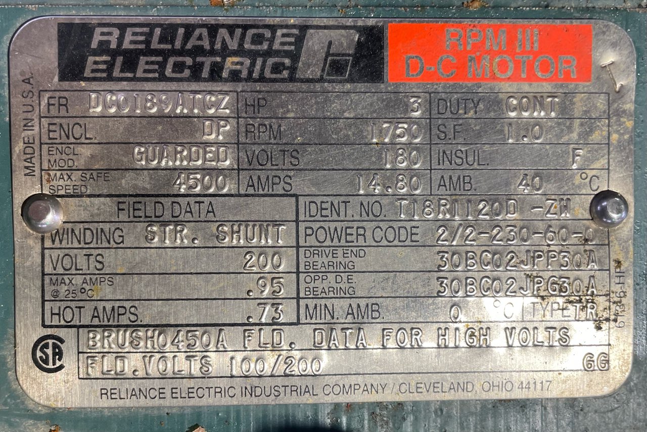 Reliance 3 HP 1750 RPM DC0189ATCZ DC Motors 89946