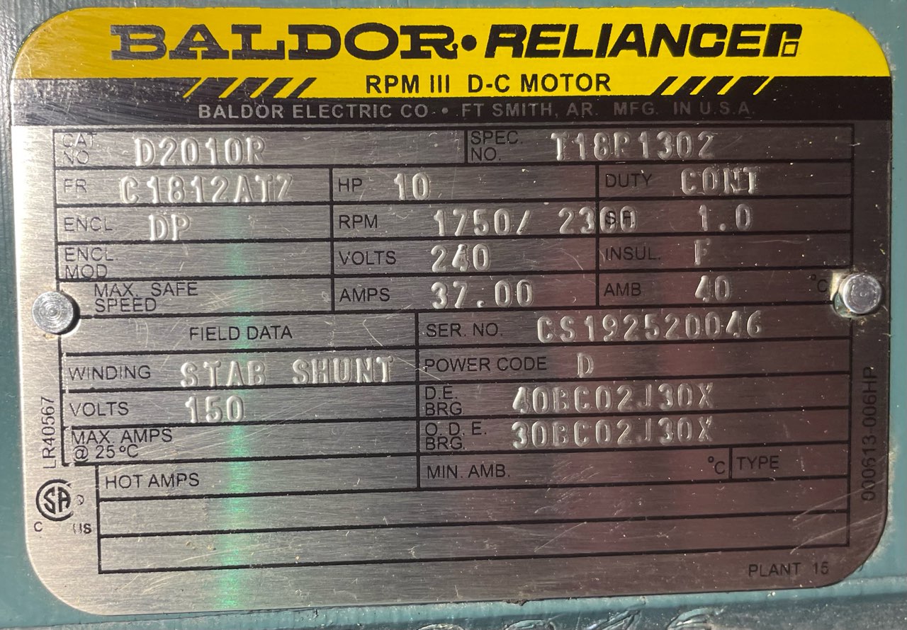 Baldor-Reliance 10 HP 1750/2300 RPM C1812ATZ DC Motors 89948