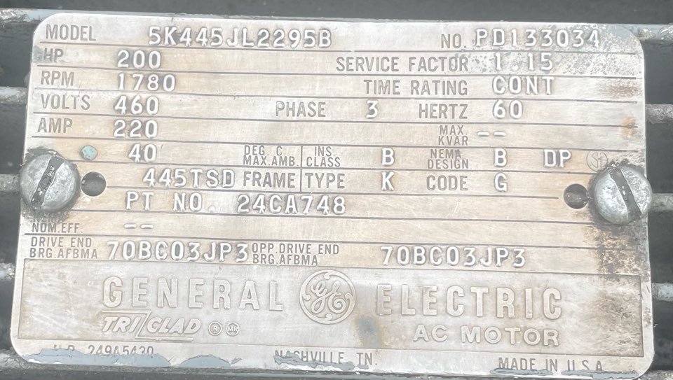 General Electric 200 HP 1800 RPM 445TSD Squirrel Cage Motors 89961