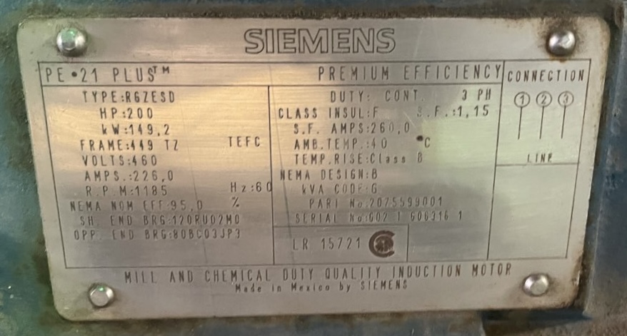 Siemens 200 HP 1200 RPM 449TZ Squirrel Cage Motors 89997
