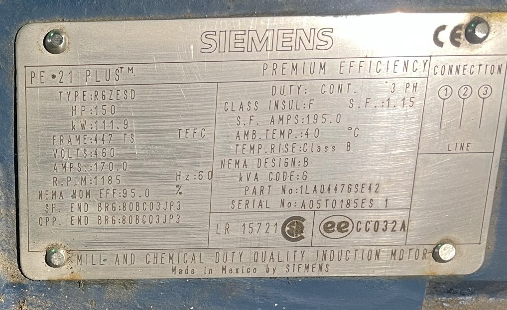 Siemens 150 HP 1200 RPM 447TS Squirrel Cage Motors 89999