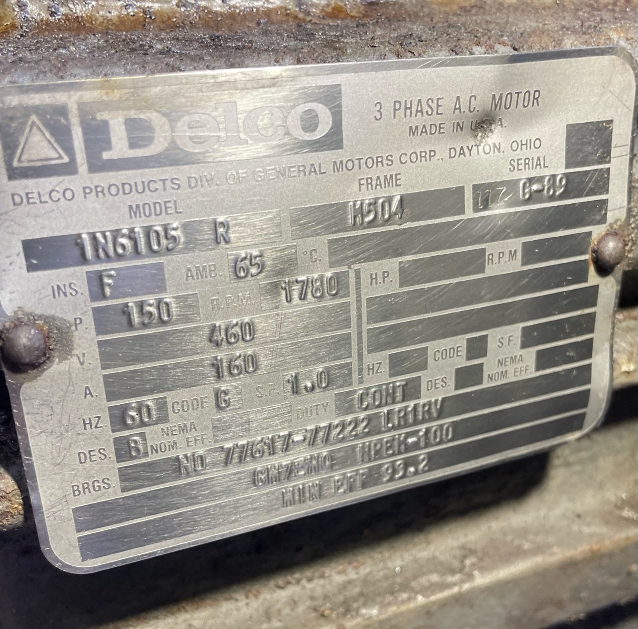 Delco 150 HP 1800 RPM 504 Squirrel Cage Motors 90042