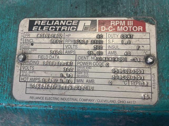 Reliance 60 HP 1750/2300 RPM MC3612ATZ DC Motors 90062