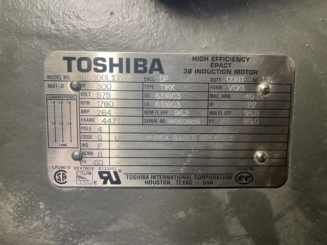 Toshiba 300 HP 1800 RPM 447TS Squirrel Cage Motors 90069