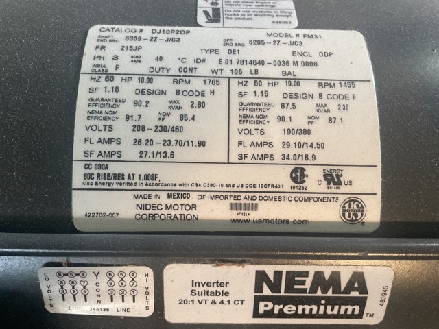 US Electric 10 HP 1800 RPM 215JP Squirrel Cage Motors 90103