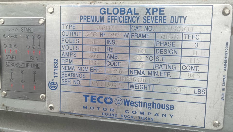 Teco Westinghouse 800 HP 1800 RPM 5810B Squirrel Cage Motors 90189