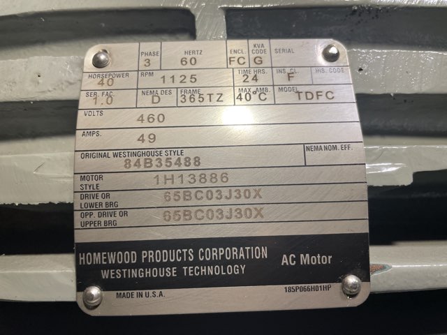 Westinghouse 40 HP 1125 RPM 365TZ Design D Motors 90217