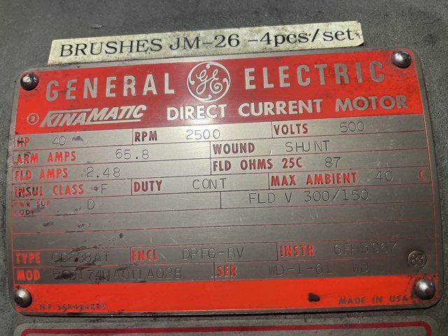 General Electric 40 HP 2500 RPM 288AT DC Motors 90224