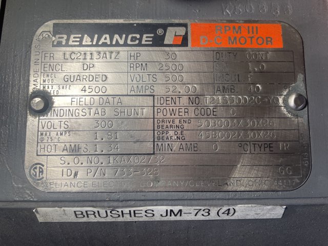 Reliance 30 HP 2500 RPM LC2113ATZ DC Motors 90226
