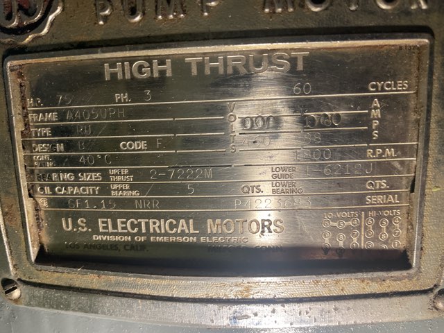 US Electric 75 HP 1800 RPM A405UPH Vertical Motors 90261