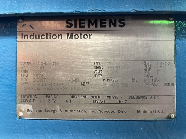 Siemens 2250 HP 3600 RPM 5812S Squirrel Cage Motors 90269