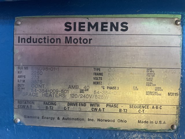 Siemens 2250 HP 3600 RPM 5812S Squirrel Cage Motors 90270