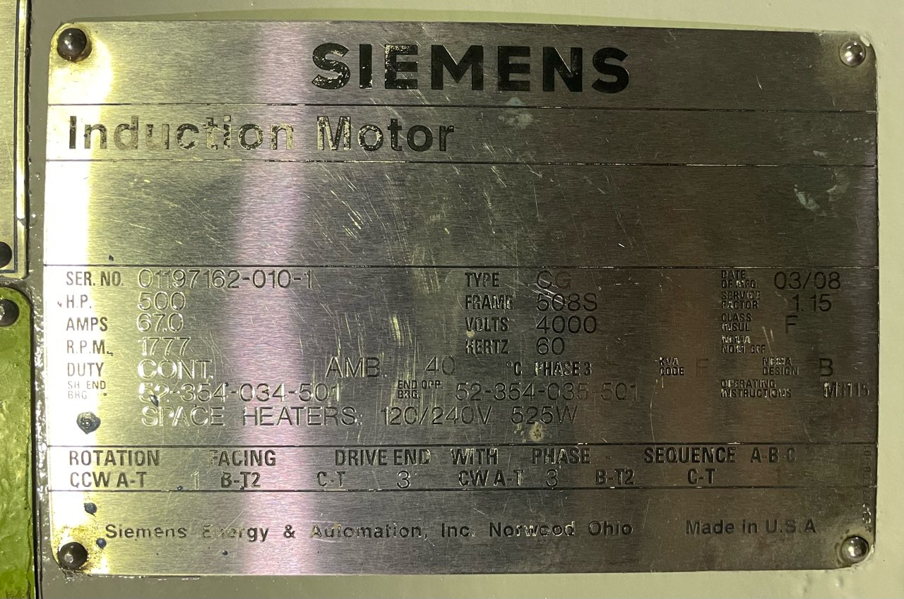 Siemens 500 HP 1800 RPM 508S Squirrel Cage Motors 90273