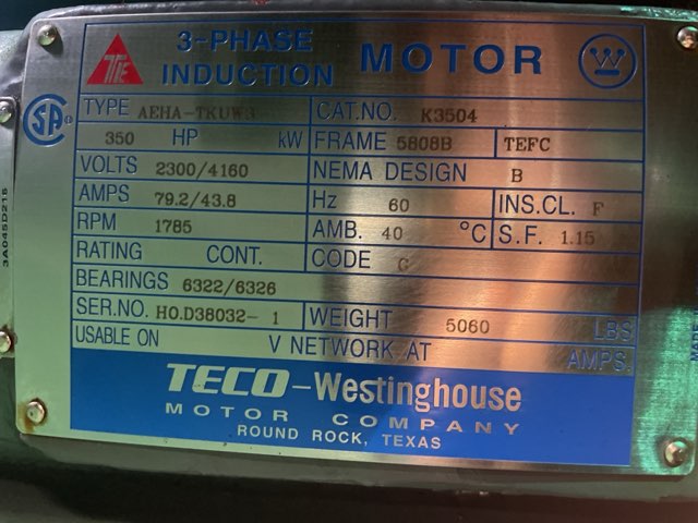 Teco Westinghouse 350 HP 1800 RPM 5808B Squirrel Cage Motors 90274