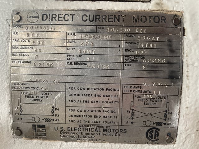 US Electric 300 HP 1750/1900 RPM 506AT DC Motors 90278