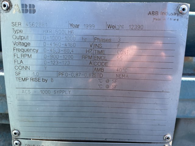 ABB 1000 HP 1200 RPM 500L Squirrel Cage Motors 90291