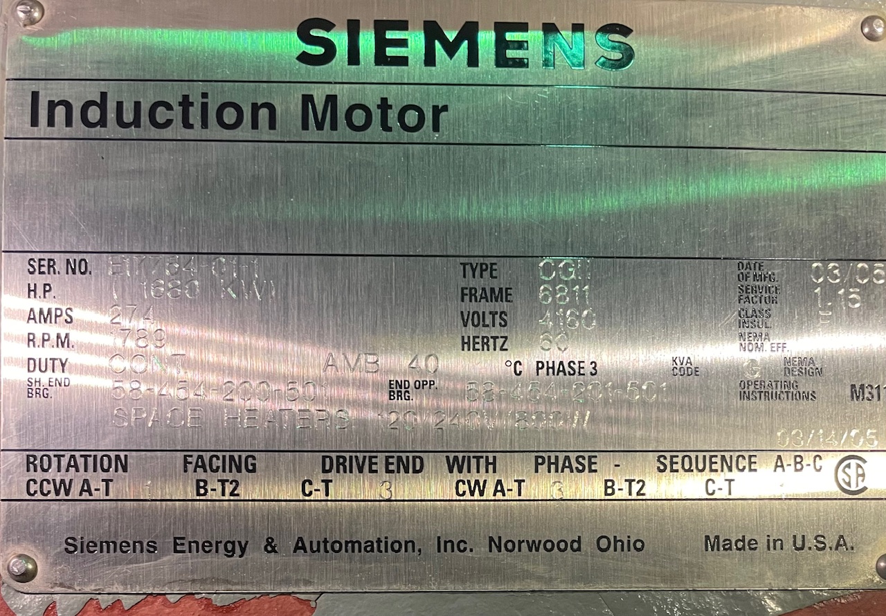 Siemens 2250 HP 1800 RPM 6811 Squirrel Cage Motors 90295