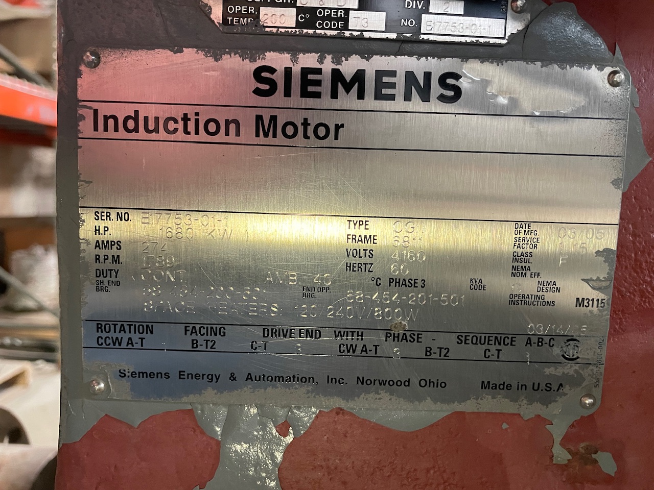 Siemens 2250 HP 1800 RPM 6811 Squirrel Cage Motors 90296