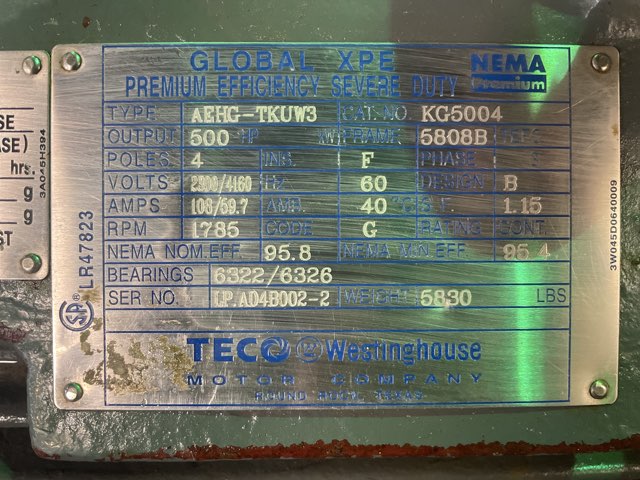 Teco Westinghouse 500 HP 1800 RPM 5808B Squirrel Cage Motors 90298