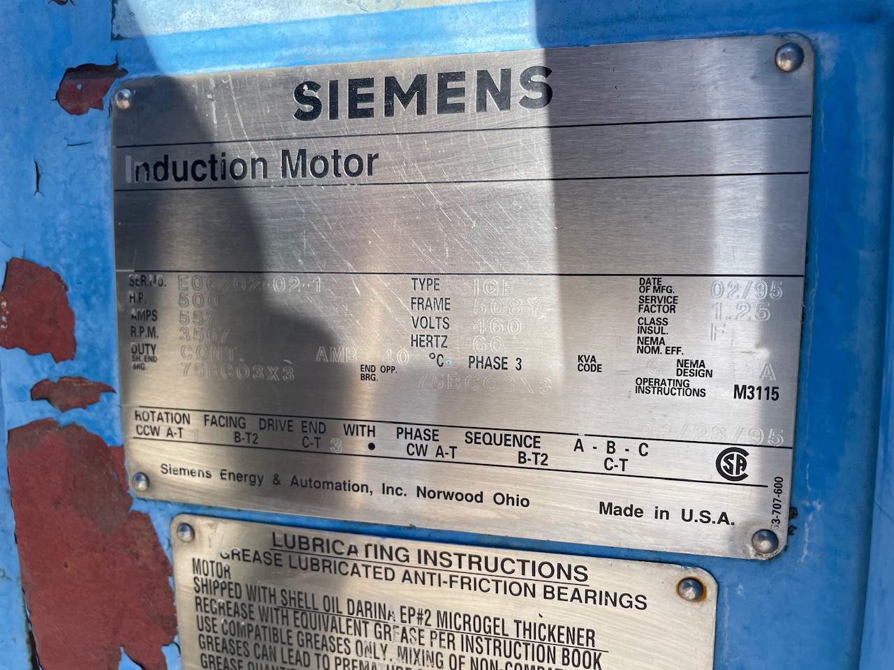 Siemens 500 HP 3600 RPM 508Y Squirrel Cage Motors 90310