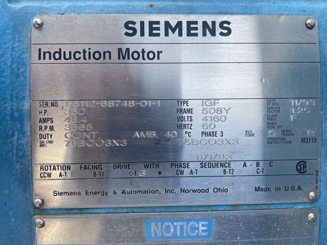 Siemens 350 HP 3600 RPM 508Y Squirrel Cage Motors 90314