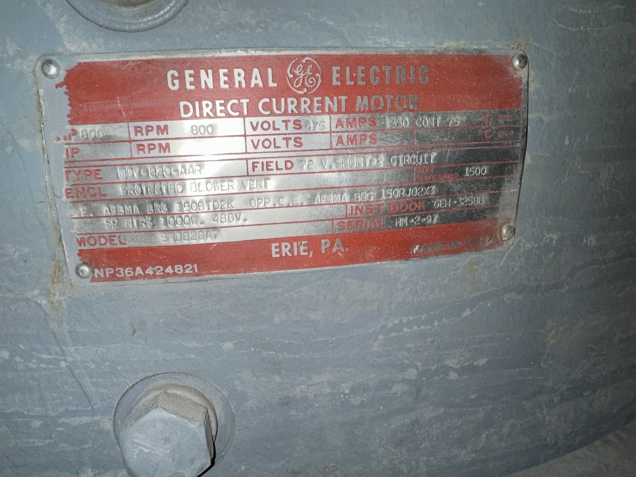 General Electric 800 HP 800 RPM 820AAR DC Mill Motors 90320