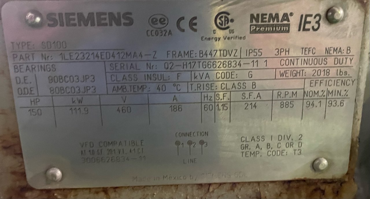 Siemens 150 HP 900 RPM 447TDVZ Squirrel Cage Motors 90336