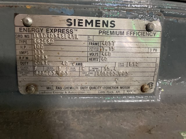 Siemens 100 HP 1800 RPM 405T Squirrel Cage Motors 90344