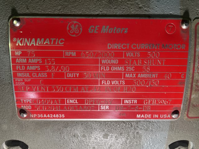General Electric 75 HP 650/2000 RPM 409AT DC Motors 90347